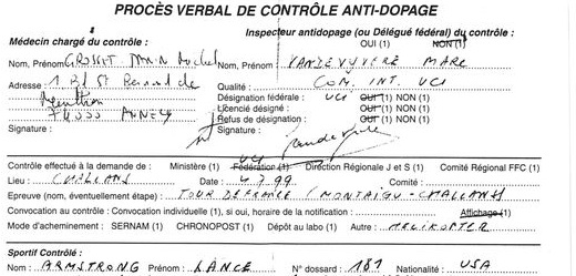 Photo: falsified document to help Armstrong escape a doping ban in 1999?
