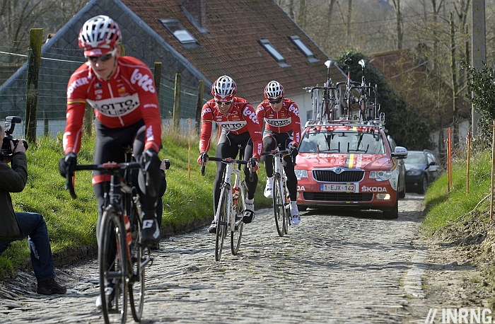 Photo: This week teams are out riding the route of the Omloop Het Nieuwsblad... 